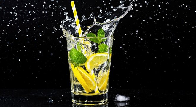 Refreshing Lemonade with Mint and Splash drink beverage water glass summer cocktail ice cold fruit citrus yellow black background straw