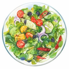 Vibrant Salad Composition: A colorful and healthy salad featuring fresh ingredients is artfully arranged in a clear glass bowl, a perfect depiction of fresh, colorful, and healthy ingredients.