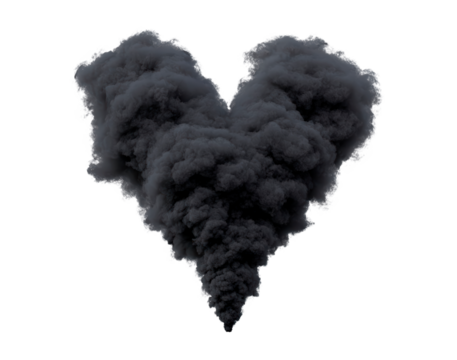 Heart-shaped smoke cloud explores dark elegance and mystery on transparent background