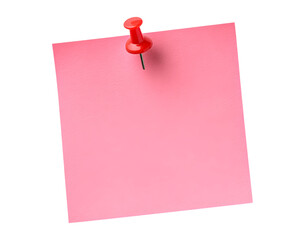 Pink note with red pushpin on transparent background