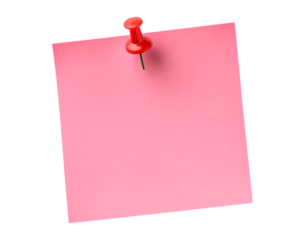 Pink note with red pushpin on transparent background