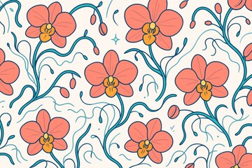 Seamless floral pattern with stylized orchid flowers and flowing stems on bright background in light illustrative style for botanical design concept. Ai generative