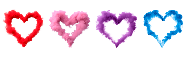 Colorful heart-shaped smoke clouds: red, pink, purple, blue on transparent background