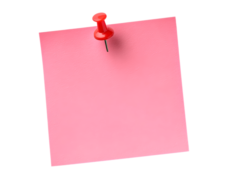 Pink note with red pushpin on transparent background