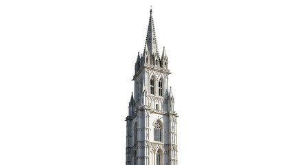 Majestic cathedral tower isolated on white background, showcasing intricate gothic architecture, soaring spires, and delicate ornamentation, a testament to artistic skill