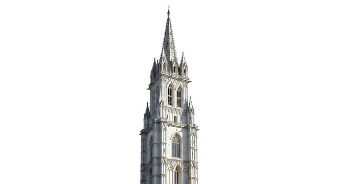 Majestic cathedral tower isolated on white background, showcasing intricate gothic architecture, soaring spires, and delicate ornamentation, a testament to artistic skill