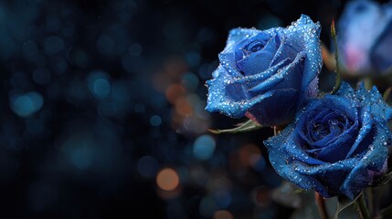 Two blue roses covered in water droplets against a dark bokeh background.