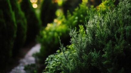Evergreen Green: A picturesque scene of vibrant, lush evergreens bathed in the warm glow of the sun, creating a mesmerizing display of textures and shades of green.