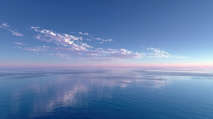 Vast serene blue ocean meeting a clear, gradient sky at the horizon with subtle clouds and calm water reflections.