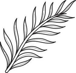 Minimalist botanical line art of a palm or fern frond. Hand-drawn outline illustration of a leafy branch.
