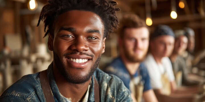 A smiling young man poses confidently in a workshop, surrounded by focused colleagues, showcasing camaraderie and creativity in a lively atmosphere.