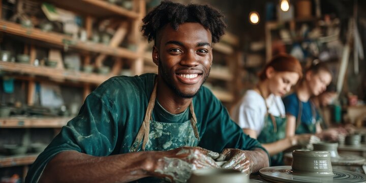 A smiling young man works on pottery in a creative studio, surrounded by fellow artisans, showcasing the joy of crafting and collaboration.