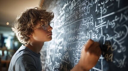 Young boy with curly hair solving complex equations on a chalkboard in a bright classroom