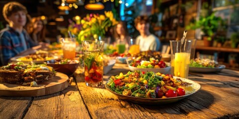 A vibrant dining scene showcasing a variety of colorful dishes and drinks on a wooden table, with people enjoying a meal in a cozy setting.