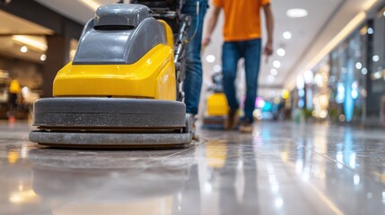 Fototapeta premium Floor cleaning in progress: A yellow and gray cleaning machine shines polished tiles in a brightly lit public area.