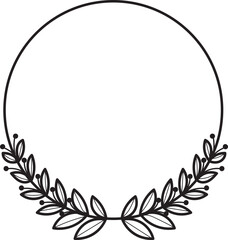 Elegant Circular Floral Frame with Botanical Wreath. Minimalist Black and White Vector Illustration for Decorative Borders and Emblems.