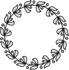 Elegant Black and White Floral Wreath Frame. Hand-drawn Botanical Circle Border Vector for Design.