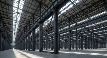 Vast Industrial Warehouse Interior With Natural Light Streaming Through Skylights