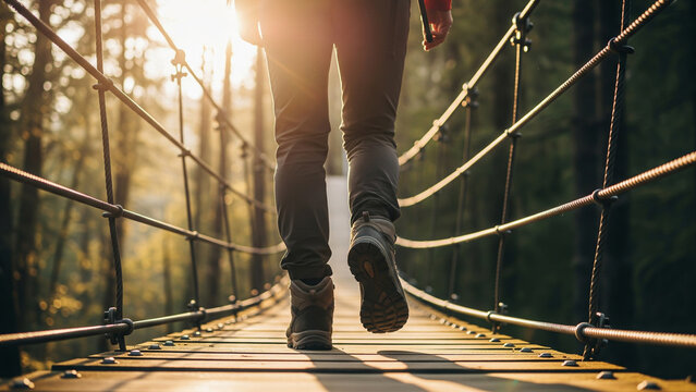 Fototapeta A low-angle, sunlit view of a person wearing hiking boots walking across a wooden and rope suspension bridge through a forest