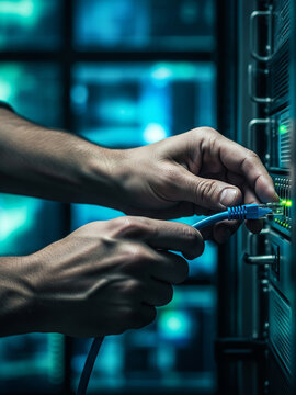 A network engineer's hands connecting a blue Ethernet cable into a server port with a blinking green light in a dark, blue-toned data center
