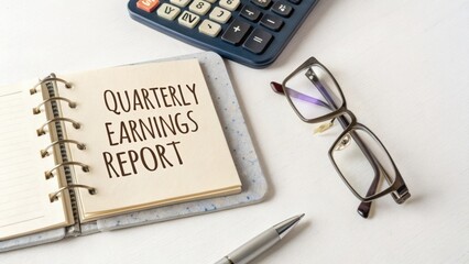 Quarterly Earnings Report with Calculator and Glasses on White Desk for Financial Analysis and Business Review