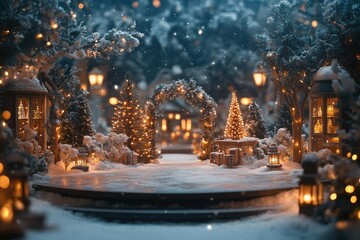 Enchanting Winter Wonderland: A scene of serenity unfolds in a snow-covered landscape, with a festive Christmas tree, illuminated by the soft glow of lanterns and festive lights.