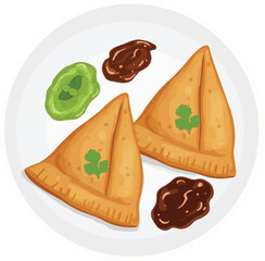 Illustration of Samosas with Chutney on Plate