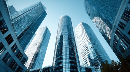Obraz premium Skyscrapers reaching towards the sky in a modern urban environment.