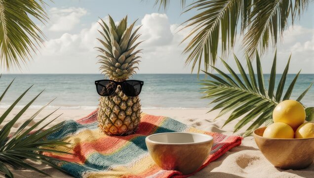 A pineapple wearing sunglasses on a beach, flanked by palm leaves, with fruit and bowl