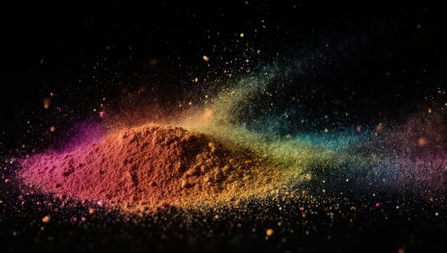 A pile of brightly colored powder explodes against a black background, creating a vibrant cloud