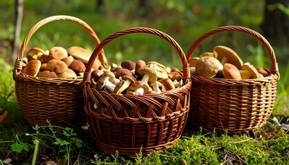 Wicker baskets filled with mushrooms
