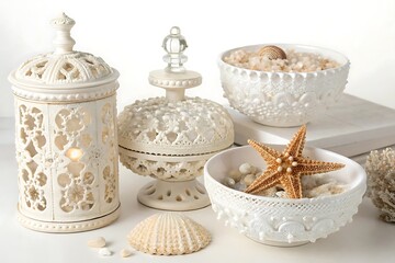 White bowl with a starfish in it sits on a table