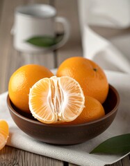 Freshly cut mandarins in a rustic bowl