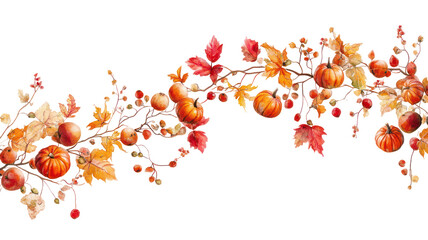 Autumn leaf and pumpkin garland isolated on transparent background