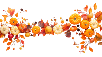 Autumn harvest pumpkins and leaves border isolated on transparent background