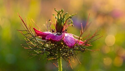 Close-up of a vibrant pink flower with intricate, spiky, dark-brown stamens, set against a soft, sunlit background of out-of-focus wildflowers