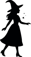 Black silhouette of a witch in a hat and long dress isolated on white background. Halloween vector illustration perfect for posters, invitations, decorations, and prints