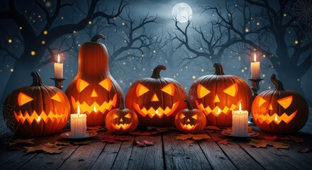 Jackolanterns glow eerily on a wooden surface under a full moon, surrounded by fallen leaves and lit candles