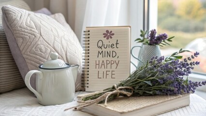 Cozy indoor scene with note pad, lavender bouquet, teapot, and soft pillows for relaxation and mindfulness inspiration