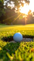 Golf ball in hole, golden sunset