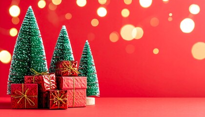 Christmas trees and gifts on red background