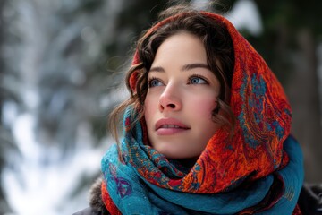 Stylish woman in winter coat and colorful scarf in snowy forest