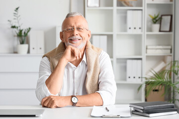Portrait of senior businessman at table in modern office