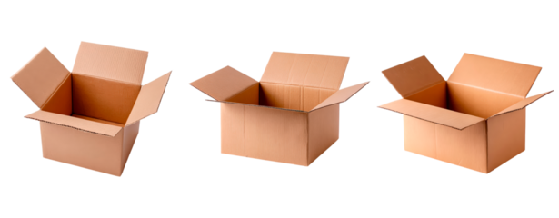 Three open cardboard boxes arranged side by side on transparent background