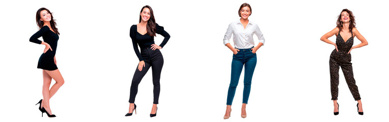 Fototapeta premium Diverse group of four woman in stylish outfits on transparent background