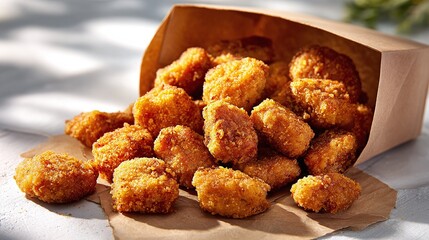Crispy, golden fried chicken bites overflow from a kraft paper bag, tempting with their savory goodness. A delicious snack perfect for sharing!