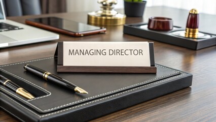 Executive desk setup with nameplate for managing director, modern office environment with stylish accessories