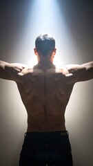 Rear view of muscular man lit by spotlight