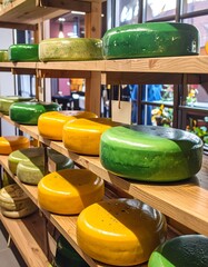 Wooden shelves stacked high with various round cheeses, green and yellow predominating