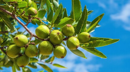 Green fruit cluster growing on a branch, set against a bright blue sky with soft white clouds, showcases the beauty of nature's bounty.